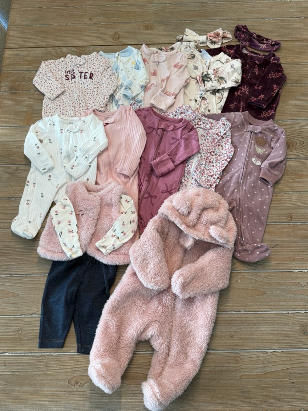 Baby Girls Pink Plush Bear One-Piece + Mixed Sleepwear Set